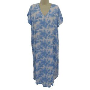 Shinestar Women Medium Blue White Tie Dye V Neck Maxi Dress Swim Coverup Pockets